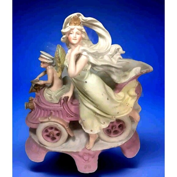 Antique  c1900 Cherub Angel Chauffeur Driving Woman Goddess Vintage Car Figurine - Picture 2 of 16